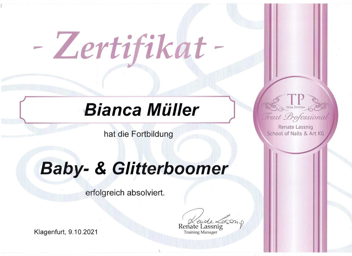 Zertifikat Baby- & Glitterboomer ausgestellt von Trust Professional