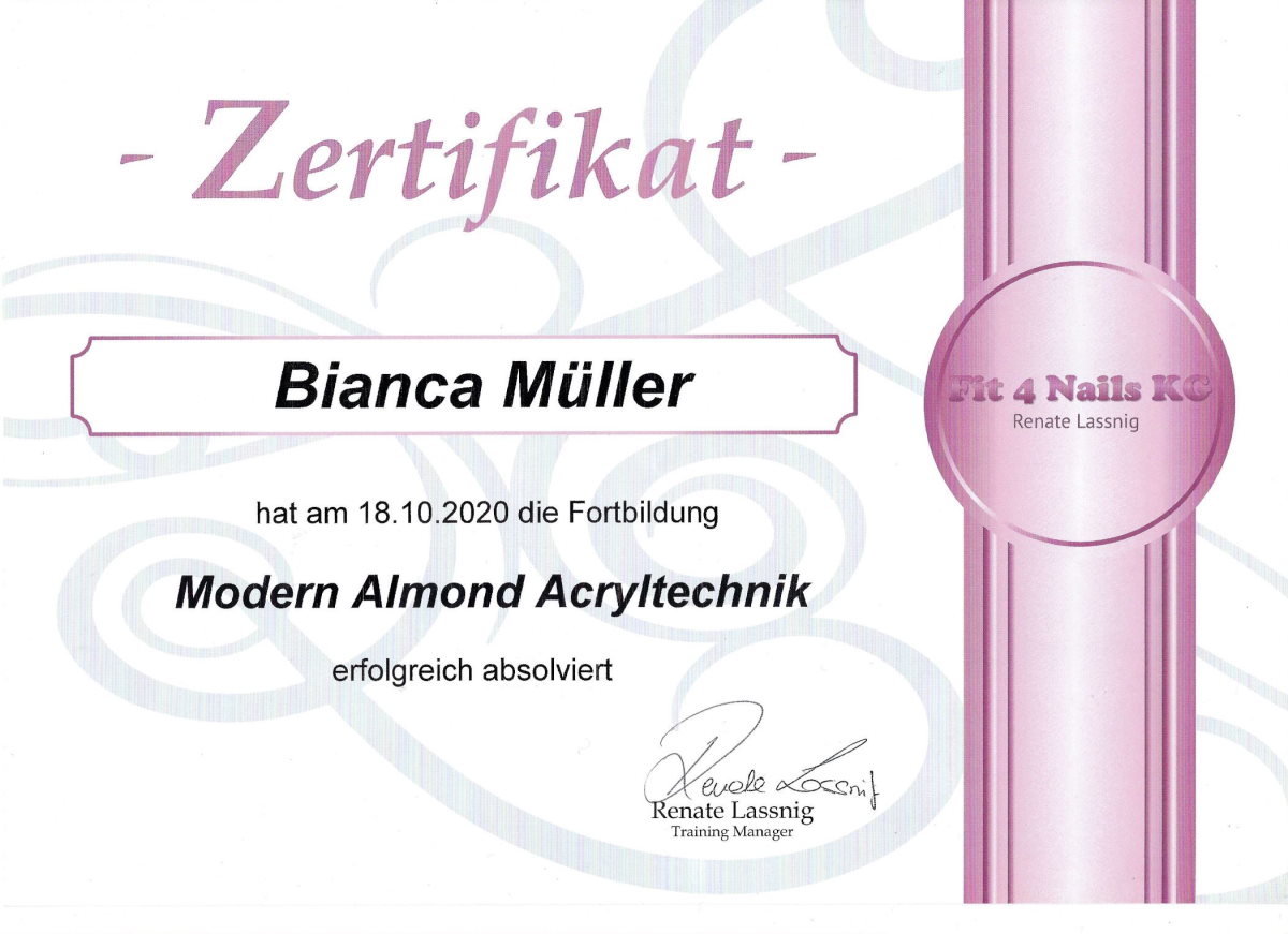 Zertifikat Modern Almond Acryltechnik ausgestellt von Trust Professional